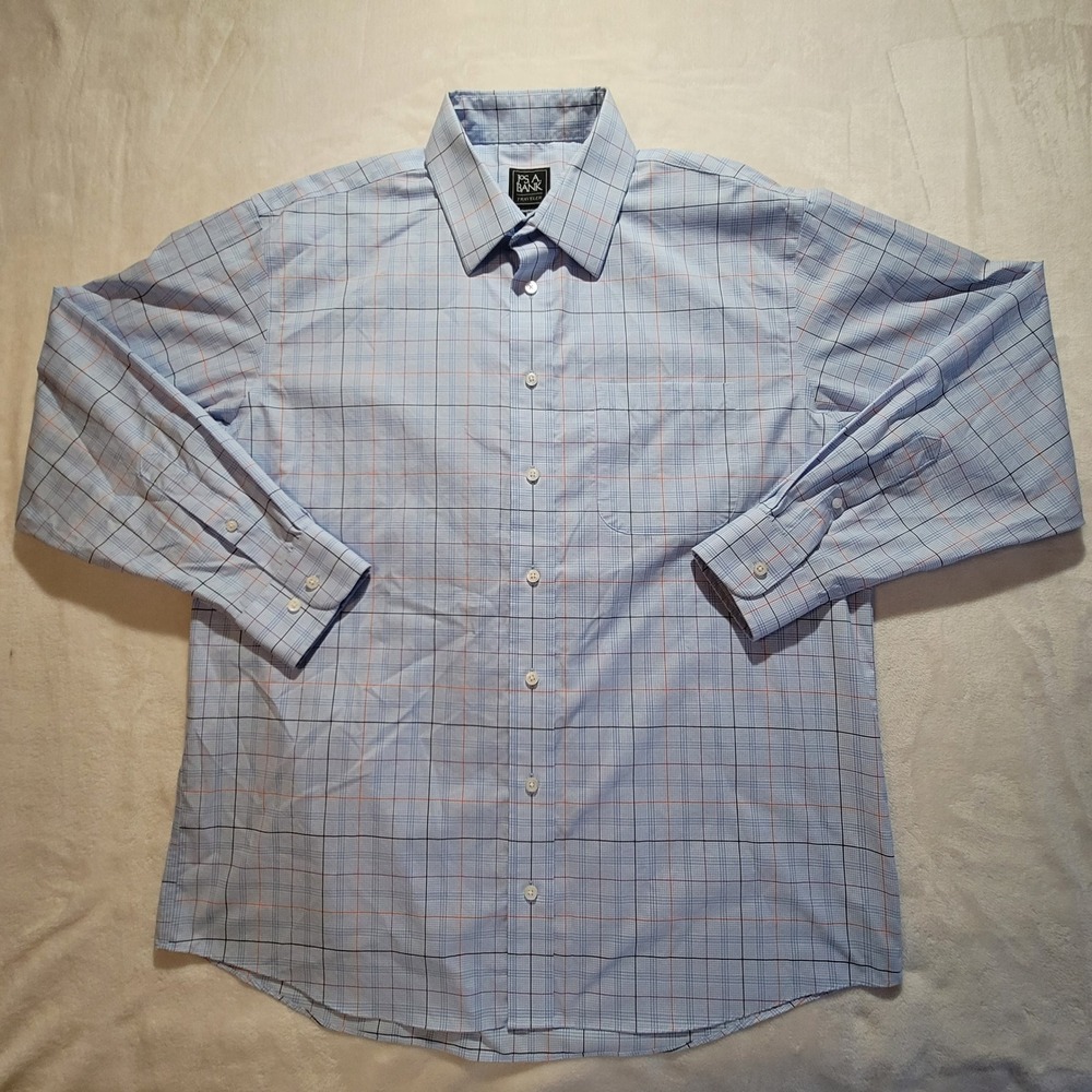 Jos. A. Bank Traveler Shirt Mens Large Blue Plaid Long Sleeve‎ Traditional Fit
